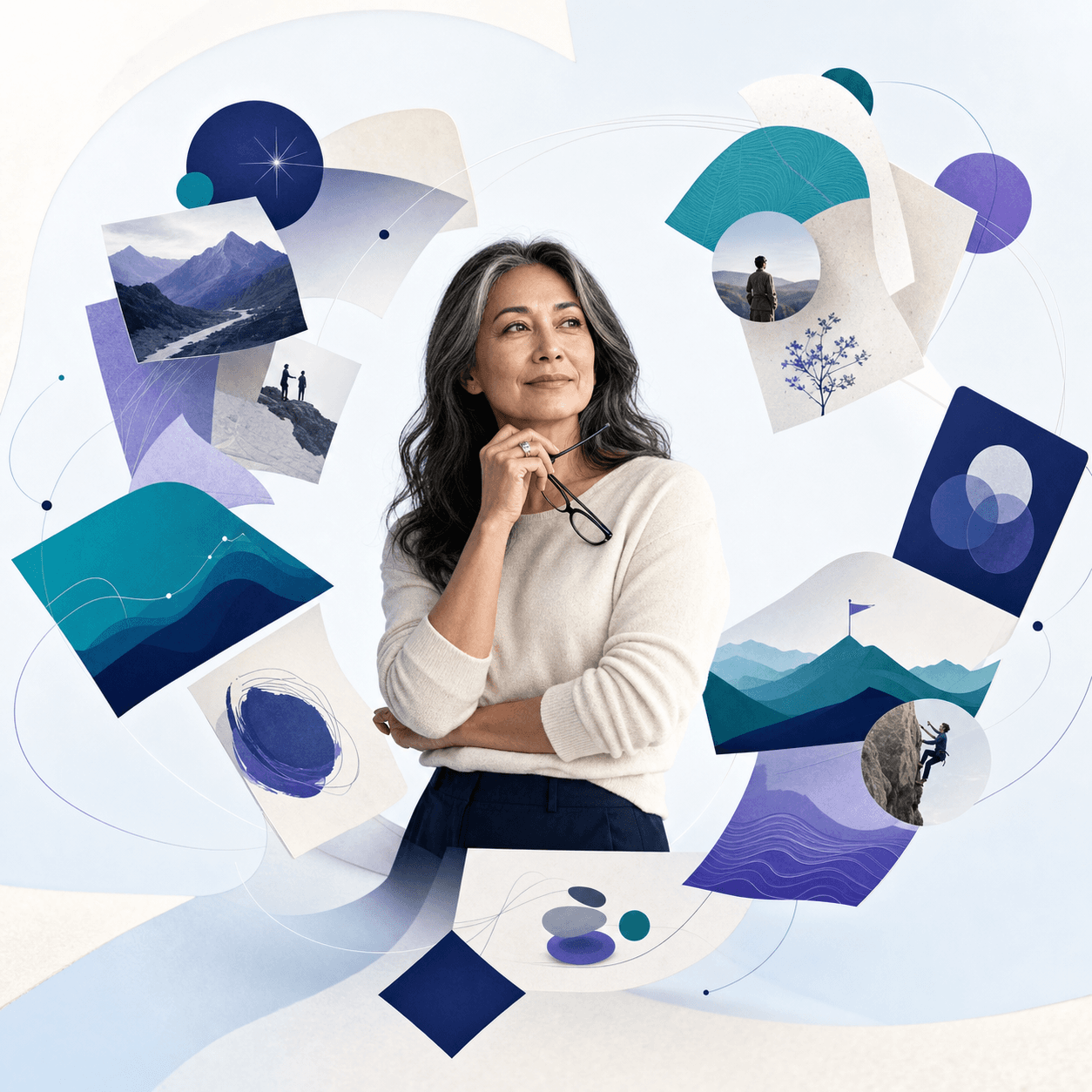 A professional surrounded by connected career evidence that remains organised around her