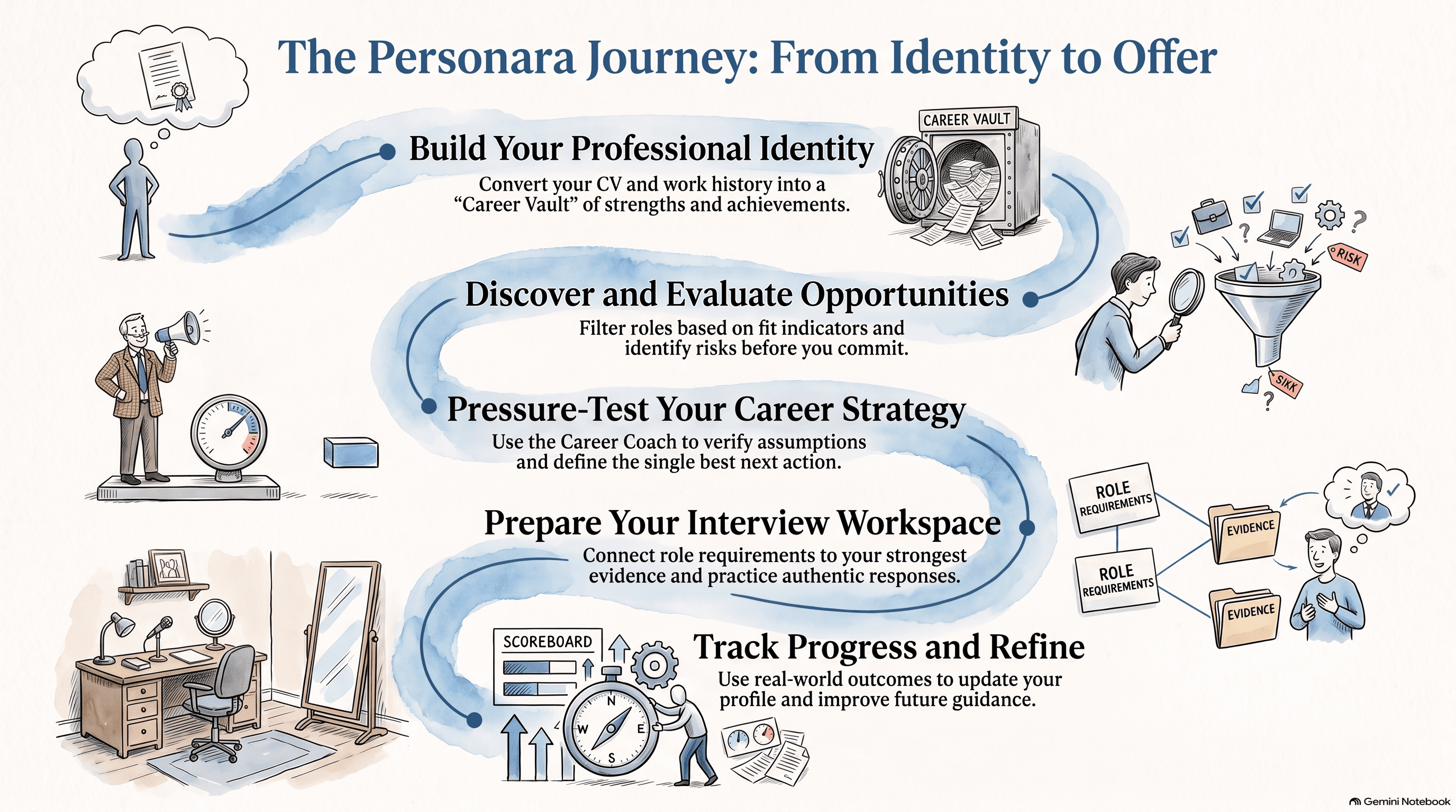 Illustrated Personara journey from building professional identity, through discovering and evaluating opportunities, career coaching and interview preparation, to tracking progress