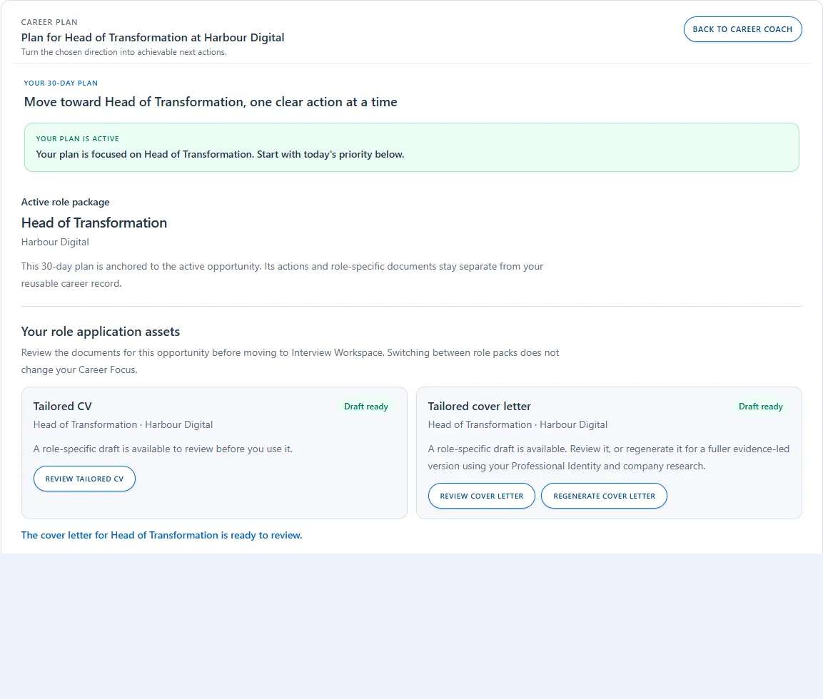 Personara Career Plan workspace showing an active plan and ready tailored application documents