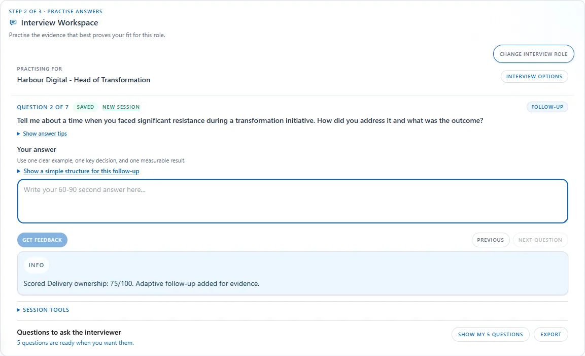 Personara Interview Workspace showing role-specific practice and scored feedback