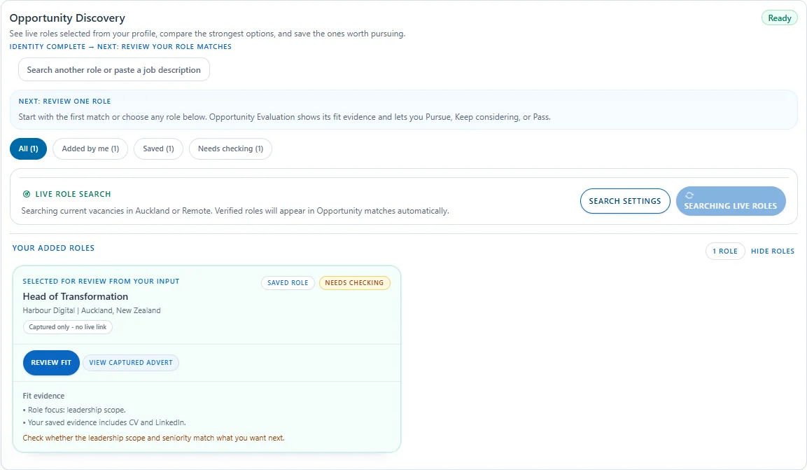 Personara Opportunity Discovery workspace showing a fictional Head of Transformation opportunity