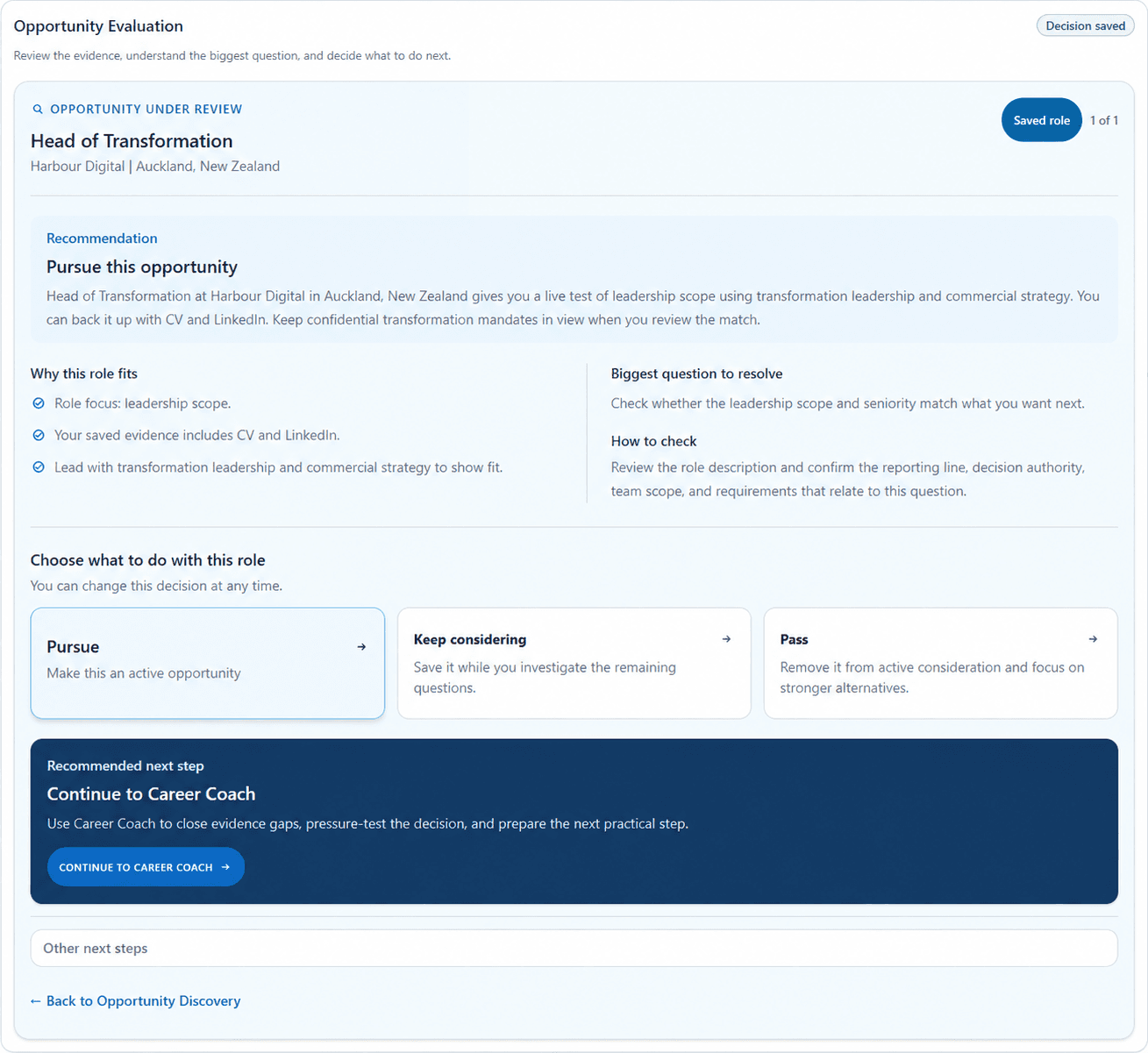 Personara Opportunity Evaluation workspace showing fit evidence, questions to resolve and a pursue decision