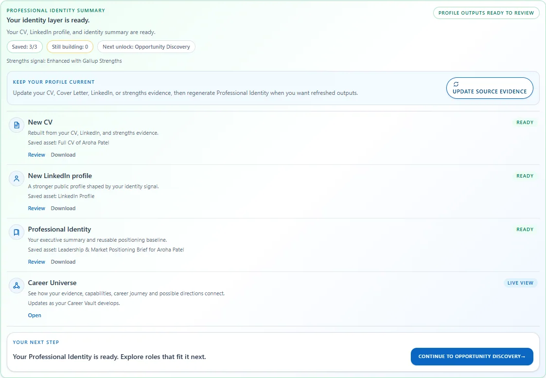 Personara Professional Identity workspace showing a completed career profile and three saved career assets